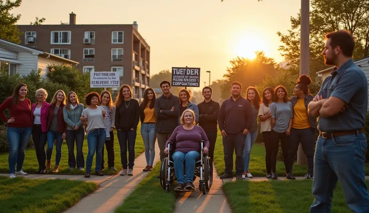 "A suburban neighborhood where a diverse group of residents stand together, holding signs that say 'Protect Our Homes' and 'Community Over Corporations'. In the background, a demolished office building is being replaced by a vibrant community garden and a ...