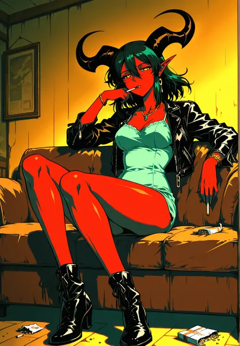  demon girl , red skin, camisilla, Horns ,  black leather jacket , brown, average sines, Elegant Jewelry, Nostalgic, (acostada en un sofa) (( full body)), sofa , ventana, disorder,  cigarettes . Night atmosphere