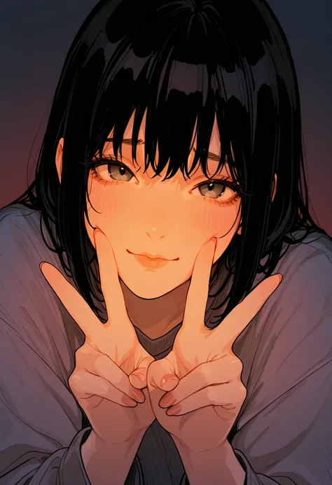 A soft and cozy anime-style illustration of a young girl with long, slightly messy black hair and deep gray eyes. She has a gentle expression with a faint blush on her cheeks, giving a subtle, melancholic yet warm vibe. She is making a peace sign near her ...