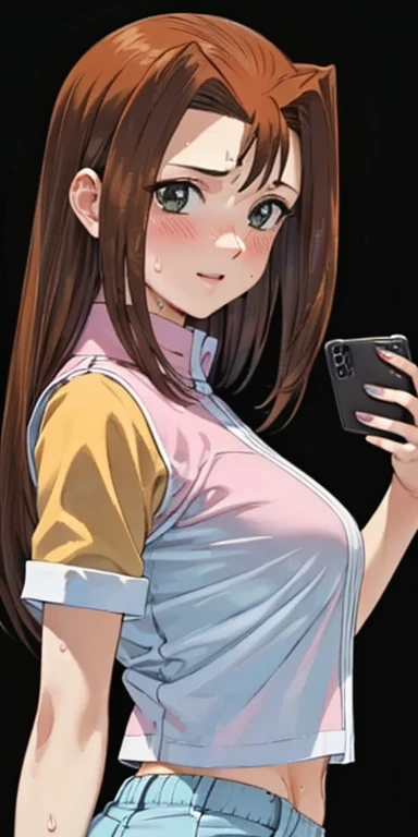  1 female, high definition, high resolution,  ultra-realistic  ,8K,serenidaddm ,  gray eyes, long hair,  brown hair,   pink shirt ,  blue shorts,European,sexy, Close-up of the upper body,  photographed from the front , Dynamic Angles ,blush,  small tits, p...