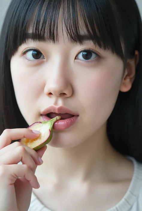 HIGH RESOLUTION YOUNG JAPANESE FEMALE IDOL「Kakki」Photo of, Alone, A woman who opens her mouth and ejaculates in her mouth after fellatio , 屋内で 、 A Japanese woman in her 30s puts white sauce around her mouth、 putting the tip of a big thick eggplant in her...
