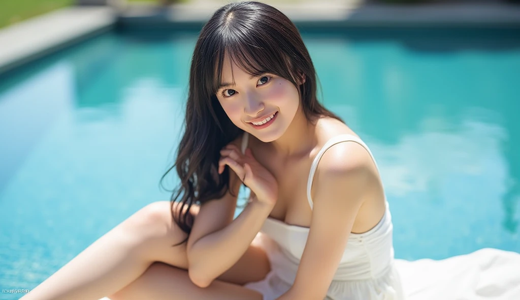  photos、The image is extremely detailed 、  very high resolution  、 Gives the illusion of reality   .  大人の日本人女性の photos ,   Beautiful and charming   ,  taken by the pool.   sheの顔ははっきり映っている  ,    、 staring at the viewer with a warm and gentle smile   .    em...