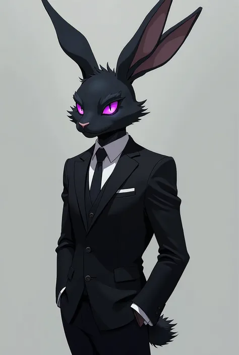 Create a character in a black suit .  He must be a black rabbit with purple eyes,  looking to the right . Do it in anime style don't make it cute