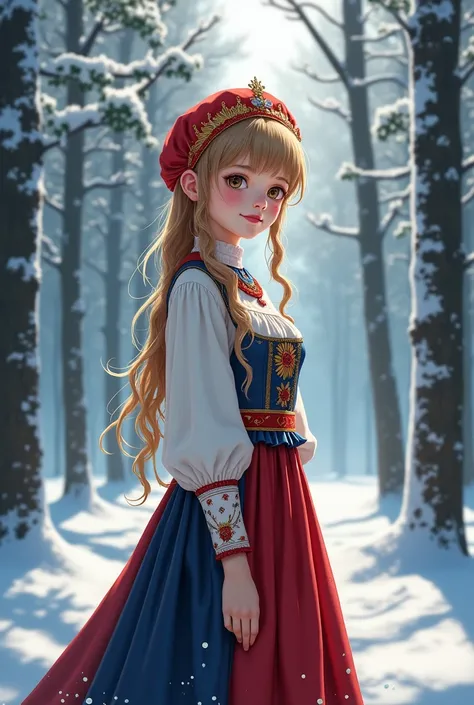 Russian girl between 18 and 20 years old, typical Russian clothing, on the head adorned with a kokoshnik , anime style not so realistic,  full body ,in the background a forest in the middle of winter
