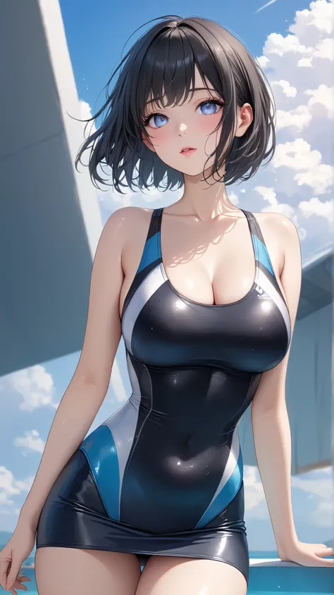 (masterpiece,best quality,ultra detailed,high resolution),cowboy shot,(realistic:0.5),lady,beautiful eyes,black hair,short hair,competition swimsuit,beautiful sky,large breast,pencil skirt,