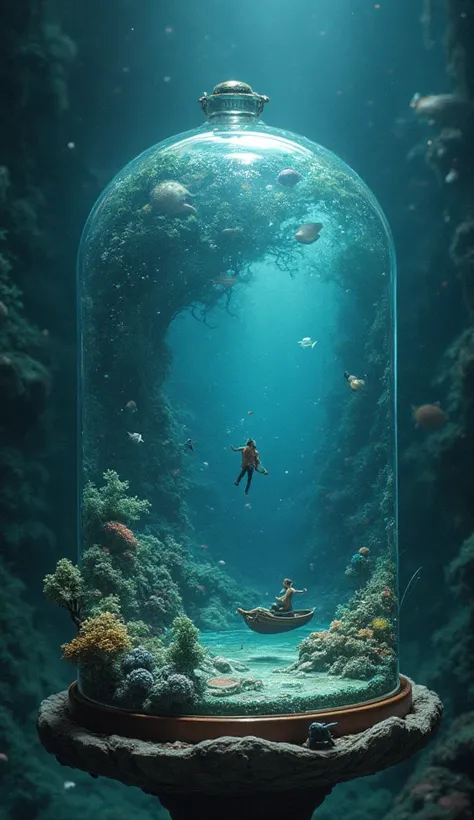 from below、 fisheye、 Inside a Little Fishbowl、There's a Man on a Boat,   snow globe,   beautiful detailed miniature  , lamp ( ( (   fish tank   ) ) ) ),   snow globe, ( ( ( Aquarium bed   ) ) ) ), inside a   snow globe,  Masterpiece Underwater Scene , Deep...