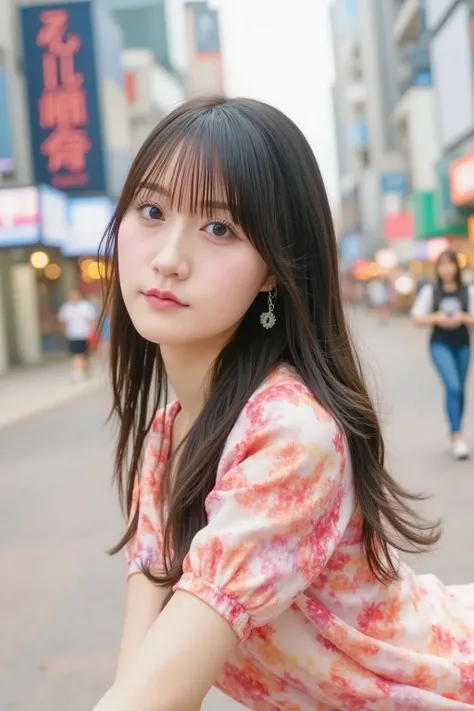 「A Japanese female idol wearing a vibrant, colorful idol costume, standing on a street corner with bustling city life around her. The idol’s outfit is detailed with sparkles, sequins, and cute accessories. Her pose is confident, and the background features...