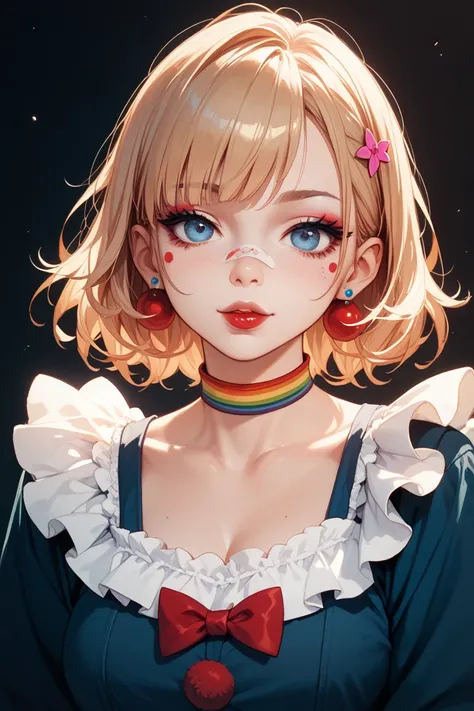 a  girl, she works as a clown and、makeup under her eyes and makeup around her mouth are characteristic、Her hair color is pure white and、has a short hairstyle and wears cool clothes