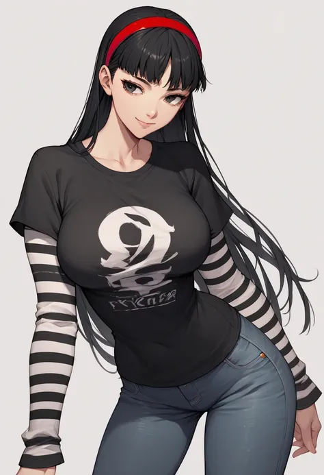 1 girl, solo, black short sleeve t-shirt, layered sleeves, white long sleeves, jeans, black t-shirt over white long sleeves, confident smile, large breasts, striped sleeves, black and white stripes, Yukiko, black hair, long hair, black eyes, red hairband