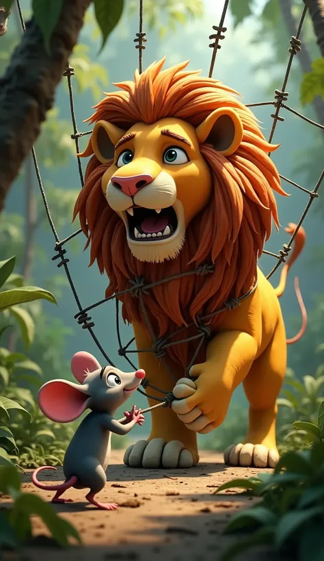 Later, the lion gets caught in a hunter’s net. The mouse comes and gnaws through the ropes, setting the lion free.3d cartton