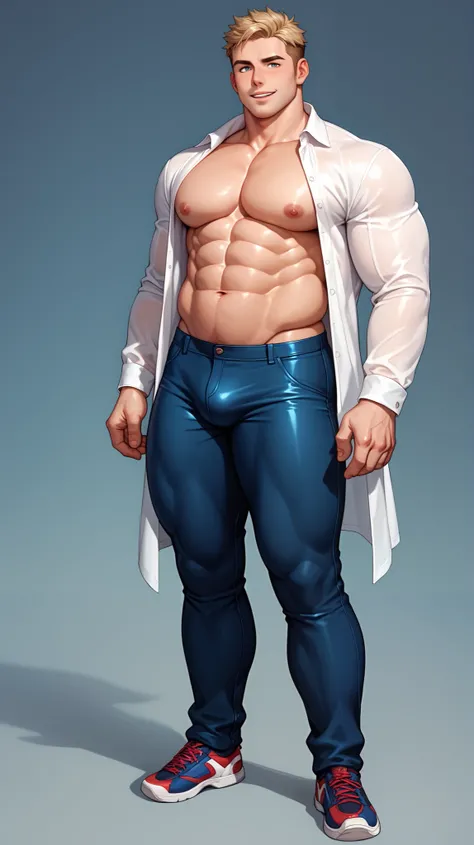 Full Body of Hot Chubby Boy Wearing Very Long Open Shirt, Very Chubby Muscular Wide Bara Body, Muscular Wide Abs and Midriff, Wearing Very Long Open shirt with His Front Chubby Muscular Wide Pecs, Nipples and Abs Full, Tight Pants, Big Bulky Build, Smooth ...