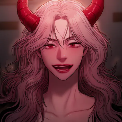 1 woman, long pink wavy hair, big red demon horns, red demon eyes, black dress, red glossy lips, sarcastic face smiling, ironic smile, mature woman 