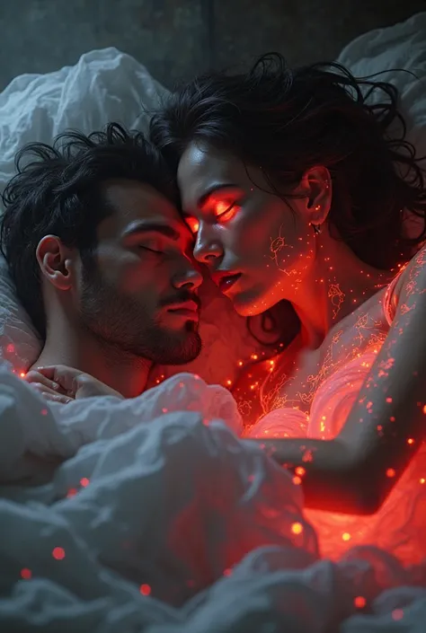 "A hyper-realistic digital painting of a man sleeping in bed, while a seductive and mysterious succubus drains the energy from his dreams. The scene is set in an ethereal, dreamlike environment, with deep shadows and glowing red highlights. Wisps of lumino...