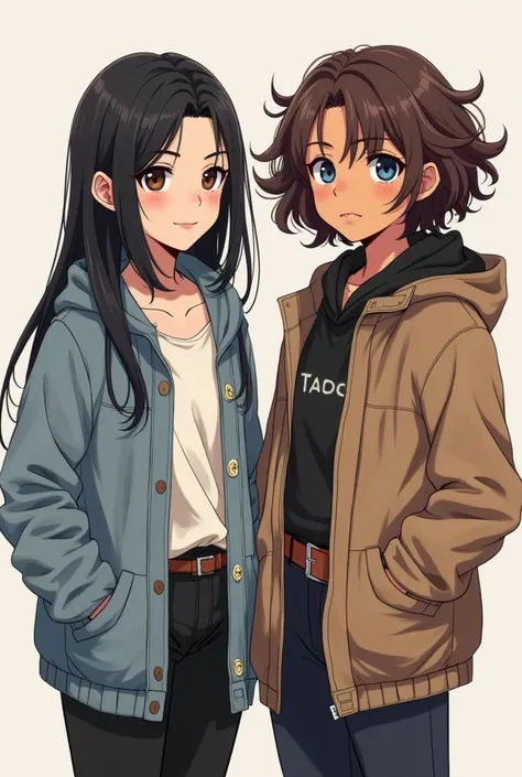 two girl best friends drawn in anime/attack on titan style . One is half white half Asian with pale skin dark black straight long hair and feminine casual girl outfits. The other is Hispanic with lighter tan skin, brown short curly hair with streetwear att...