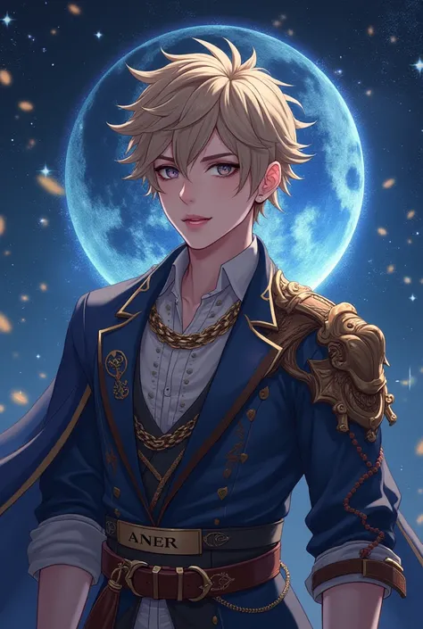 Creates an image of an anime boy who has a penetrating and proud look, short hair, Full-bodied in a fantasy outfit, In the background the Leo constellation , Have the name ANER on your chest , that looks masculine 