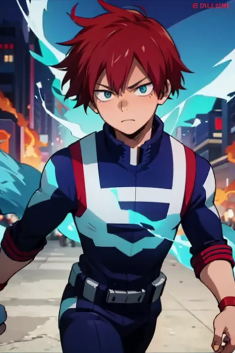 17-year-old boy in My Hero Academia ,   blue eyes,  red hair , Controlling the blue fire