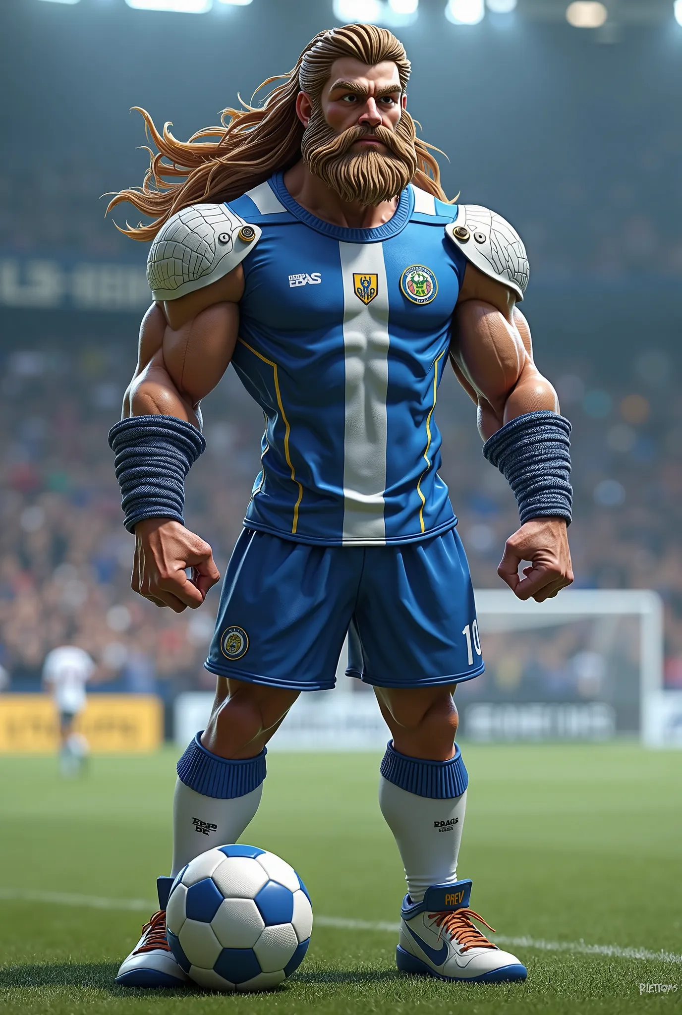 A soccer mascot with the Hercules design in the colors blue and white 