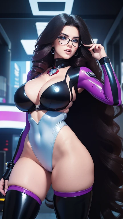  Curly haired cyborg female character with headphones and glasses futuristic transparent,   with his futuristic weapon Cyberpunk 2077 long curly hair color black,  blue eyes,   red lips, with white clothes details in red latex, in a cyberpunk world ( gigan...