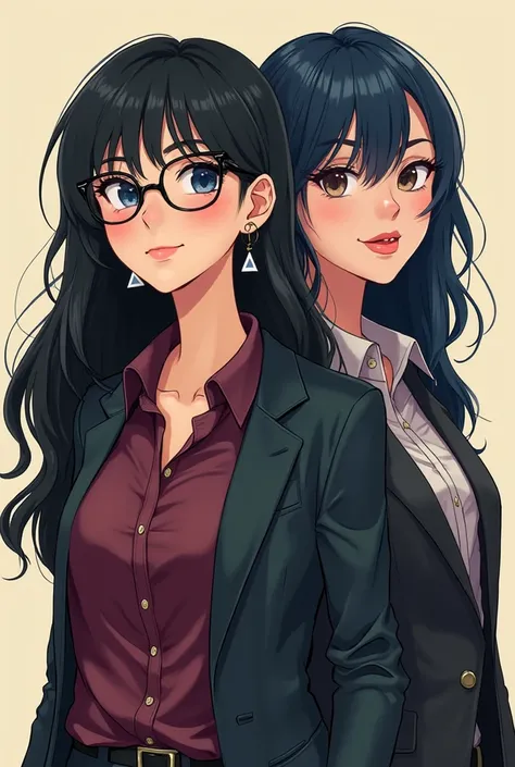 I would like a manga style cartoon of a couple from Gl, with a woman with black hair and glasses, with a burgundy dress shirt and a blazer, And another woman with blue-black hair with triangle earrings