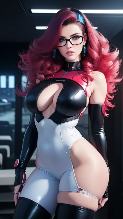  Curly haired cyborg female character with headphones and glasses futuristic transparent,   with his futuristic weapon Cyberpunk 2077 long curly hair color black,  blue eyes,   red lips, with white clothes details in red latex, in a cyberpunk world ( gigan...