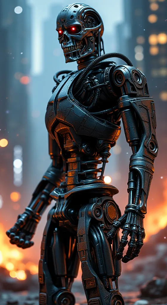 "A combat android with a futuristic design and Threatening is standing in an urban environment illuminated by neon at night, Surrounded by imposing buildings. Its metallic structure is highly detailed and is intricate, with exposed internal mechanisms, inc...