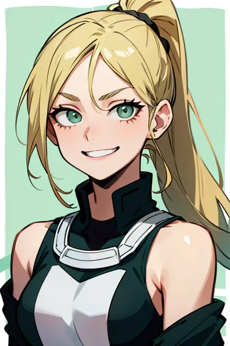 17-year-old woman in My Hero Academia  ,   green eyes, long blond hair tied in a ponytail, sonriendo arrogante 