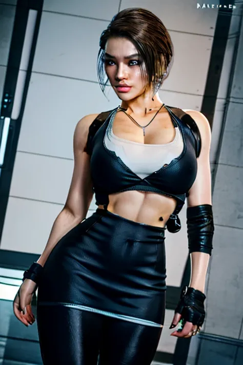 masterpiece, best quality, 1 girl, ada wong from Game Resident Evil Remake with face asian like pornstars nuked sexy, blonde hair, ponytail, blue eyes, vest with no bra, boots, hot dress, breasts large chest, cleavage, fingerless gloves, midriff, navel, pa...