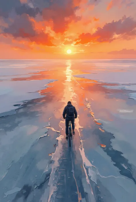 cycling on the frozen sea, solo travel, orange sunset,