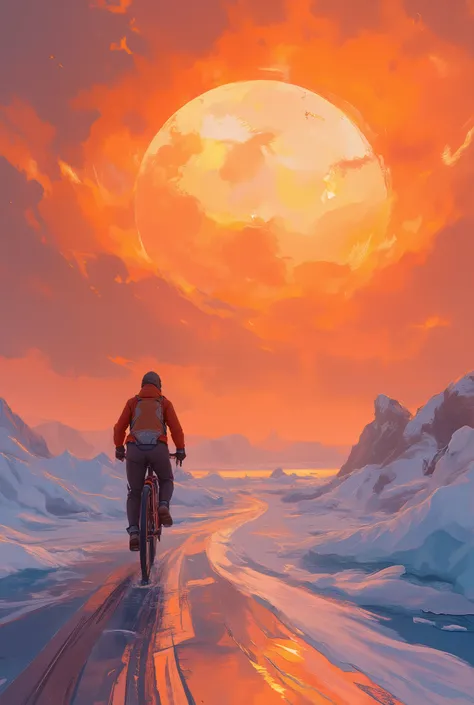 cycling on the frozen sea, solo travel, orange huge sunset, 