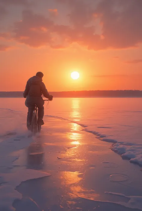 cycling on the frozen sea, solo travel, orange huge sunset,