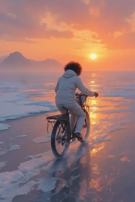 cycling on the frozen sea, solo travel, white suit, afro curly hair, orange huge sunset,