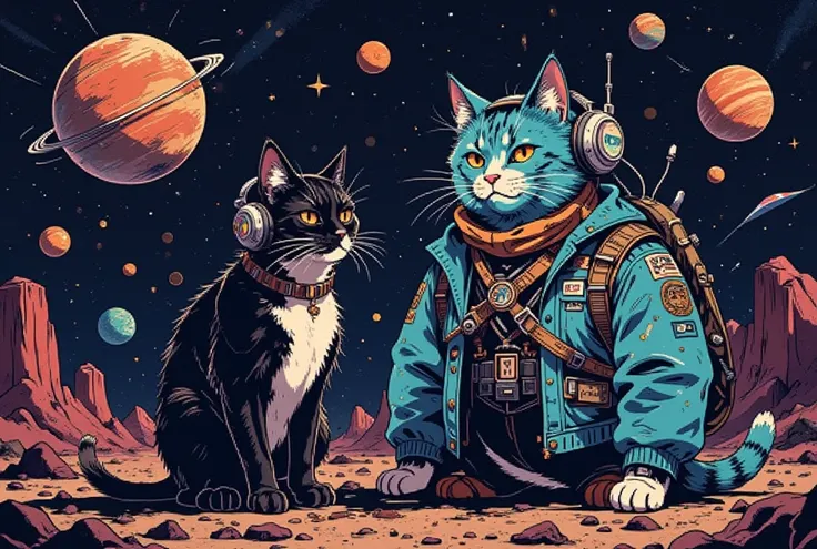 (Cats listening to music),(spaceship)(headphone accessory) ( The fund is a nightclub from the 80s in space ),(dynamic), (dust:2.0),(CALM MOOD:2.0),( detailed color),( more details:2.0), planets, Noise old image, (Brilliant disco globe)