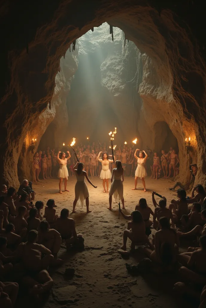 A strange cult gathering inside a dark cave catacombs illuminated by torches where the attendees are all sort of orcs, goblins and fawn, together with humans, and in the center of all, a stage with several girls in trance dancing extactically in torn down ...