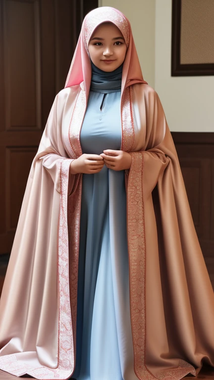 Javanese thin flat 15yo young girl, beautiful baby face, closed long covered hijab, long cloak gown, the gigantic huge busty thicc is towering on inner her cloak gown