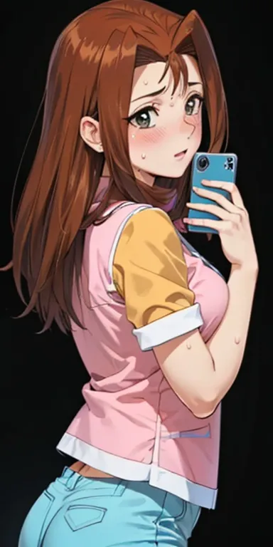  1 female, high definition, high resolution,  ultra-realistic  ,8K,serenidaddm ,  gray eyes, long hair,  brown hair,   pink shirt ,  blue shorts,European,sexy, Close-up of the upper body,  photographed from the front , Dynamic Angles ,blush,  small tits, p...