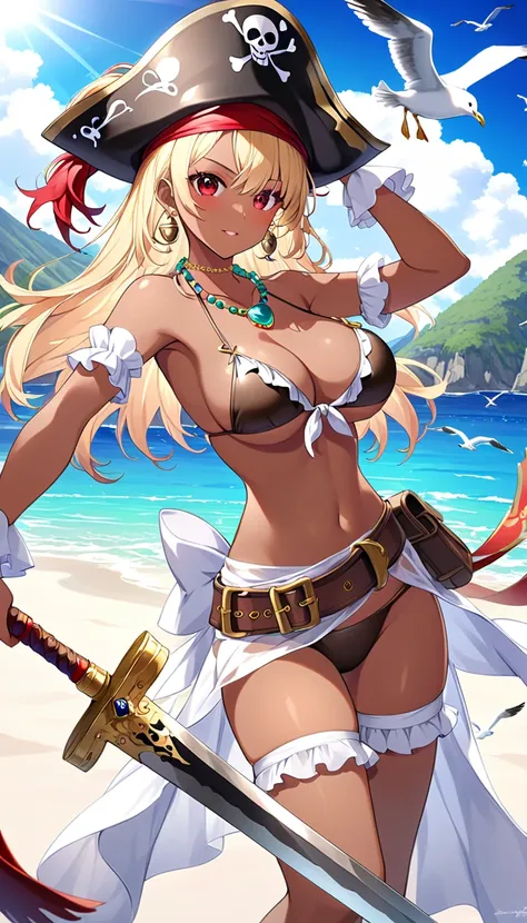  1 girl、 blonde、 brown skin、earrings、 Pirate's Hat、 red eyes、 bikini、Waist wrap、 breasts are big、Gem necklace 、on the waist、Classic pose for the model with a curved sword、Seaside、Mountain、 Sunny、 seagulls are flying 
