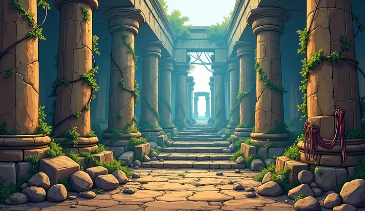 A mysterious, old abandoned temple in ruins, with towering stone pillars—some of them broken or crumbling. Large rocks and debris are scattered across the scene, showing signs of past destruction. Vines and tendrils creep over the structure, weaving throug...