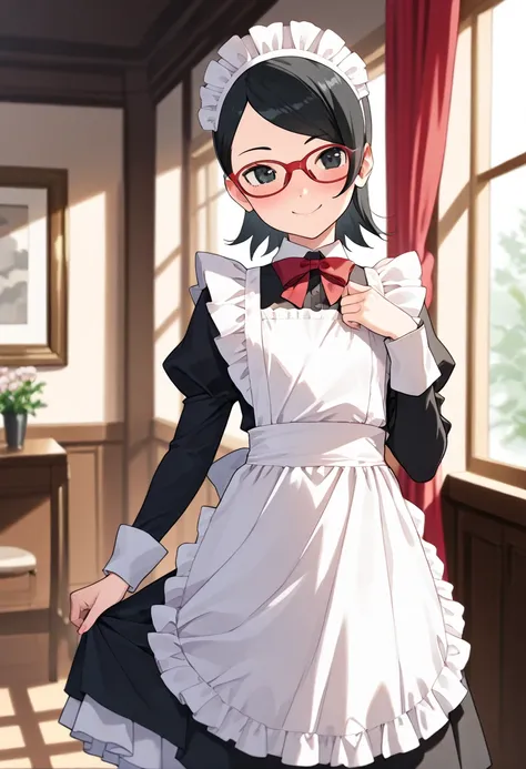  sarada, black eyes, black hair, short hair, glasses、smile,,(Maid:1.3)、smile,,best quality best qualitysmile ,,best quality ( best quality )、(Nonsense)、( very detailed)、( very beautiful way to hold ) information best quality 、 Ultra-fine、Most HD、 very deta...