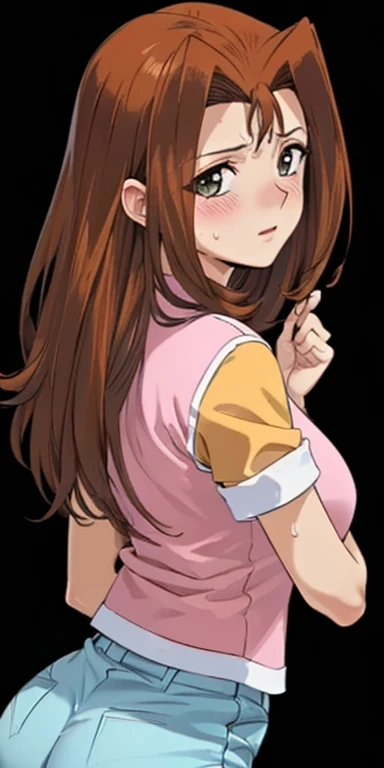  1 female, high definition, high resolution,  ultra-realistic  ,8K,serenidaddm ,  gray eyes, long hair,  brown hair,   pink shirt ,  blue shorts,European,sexy, Close-up of the upper body,  photographed from the front , Dynamic Angles ,blush,  small tits, p...