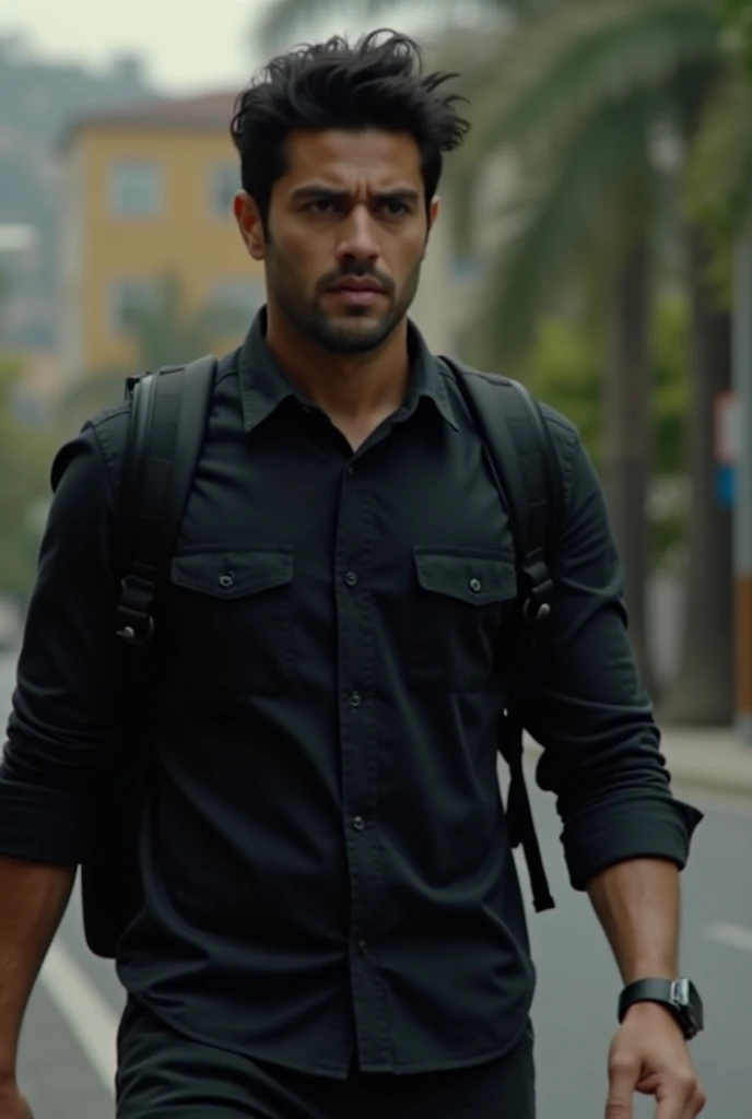 Image of Javier Caminando:
	 • Description : Close-up or medium shot of Javier (35) walking with a nervous expression. His watch and the black backpack are shown on his shoulder.
	 • Features : Definite and consistent features (face shape,  Hair style ,  d...