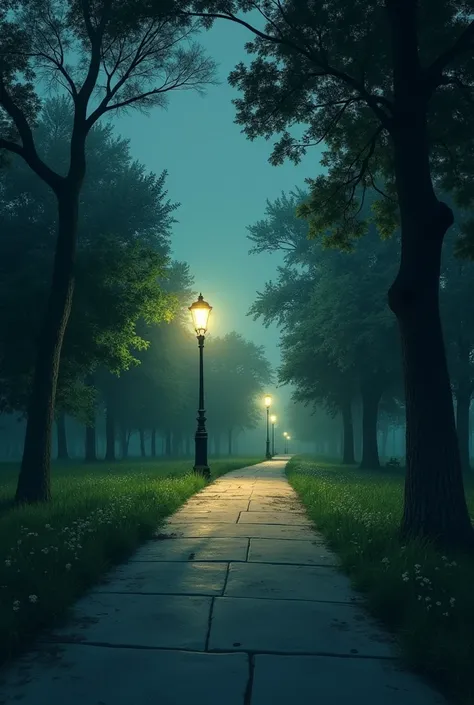 Image of the Park in the Dark:
	 • Description : General view of the same park, Now at dusk, with soft lighting and marked shadows that highlight the atmosphere of loneliness and defeat.