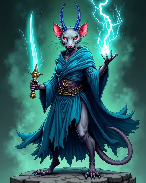 Full-body illustration of a female ratfolk took a standing pose, with sleek gray fur, glowing red eyes, and straight blue oni-style horns. She wears a flowing blue robe that billows around her, revealing sharp claws beneath. In one hand, she wields a curve...