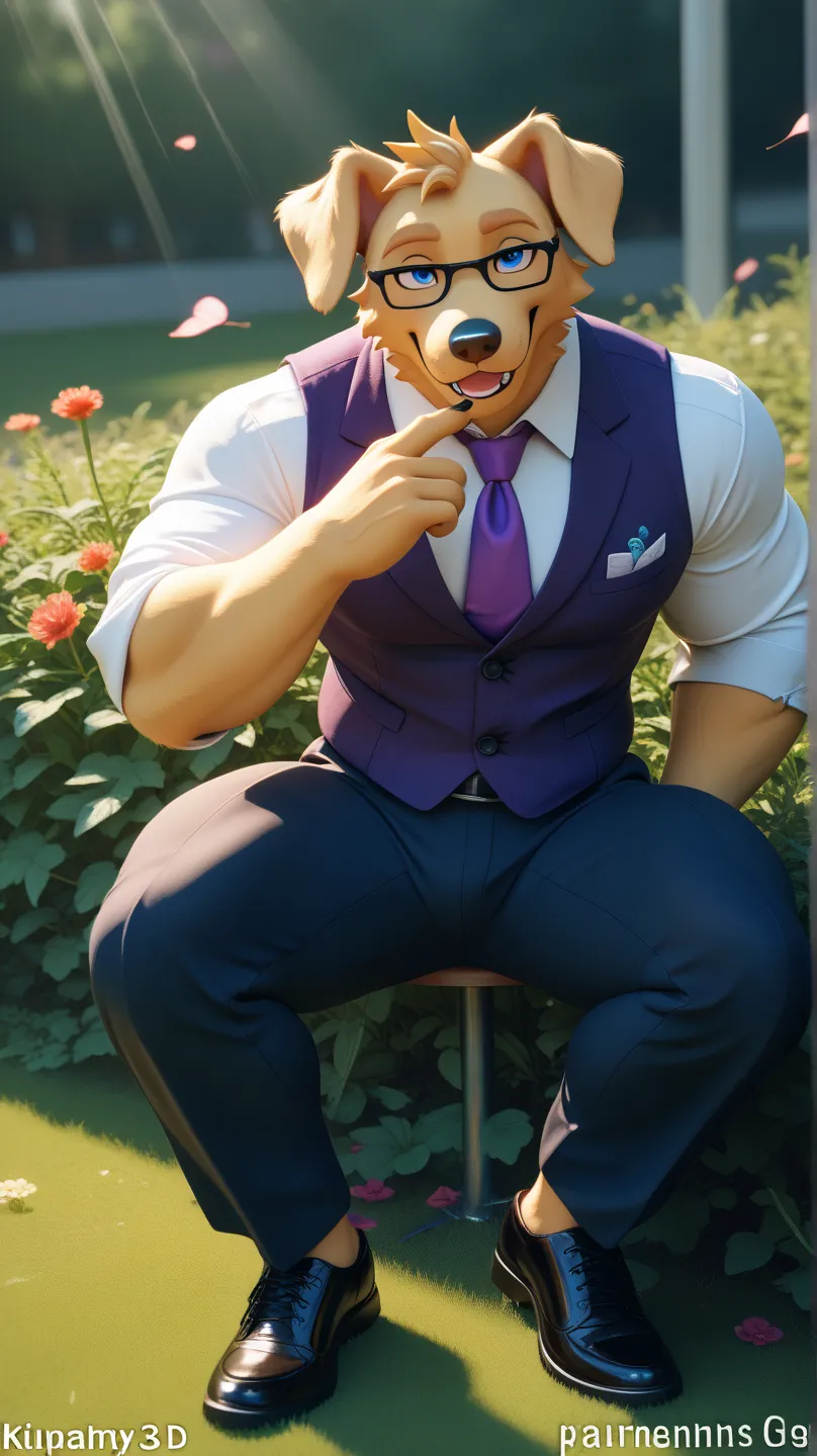 An adult anthropomoric golden retriever dog with blue eyes and an flirty face in the middle of a schoolyard. The dog is wearing a well-fitting purple vest, black glasses, black formal pants, a purple tie, and black shoes. The school has a bright, modern de...