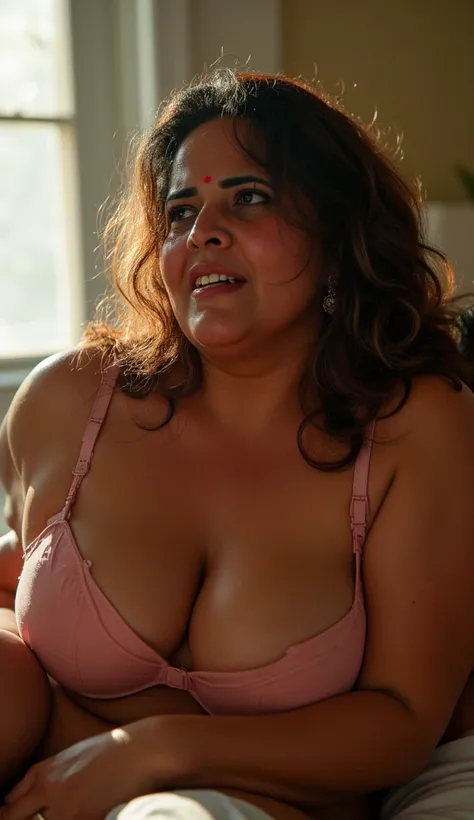 Side, A voluptuous 45 year old matured indian aunty with dusky skin with completely sweaty hairs, she is wearing a pink bra, wearing a red small bindi between her eyebrow's. aunty has a surprised look in her expression is painful, wide-eyed and mouth agape...