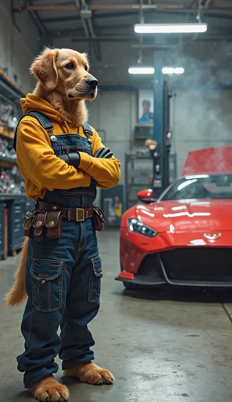 High-resolution, ultra-realistic cinematic image of an anthropomorphic Golden Retriever standing in a modern car repair garage. The dog has thick, golden fur and wears a dark blue denim mechanic overall with metal buttons and pockets, a mustard-yellow hood...