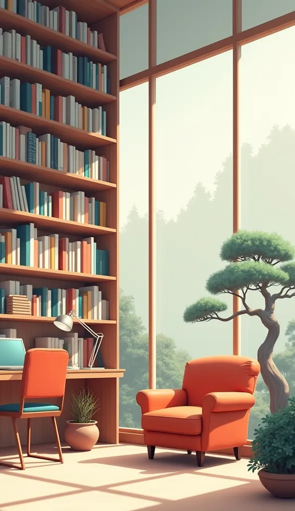 illustration in soft and opaque colors predominating ,   minimalist of a library with shelves with books of various sizes and colors with an armchair with a reading lamp and a desk with a red laptop computer and a chair,  windows glass walls to see the min...