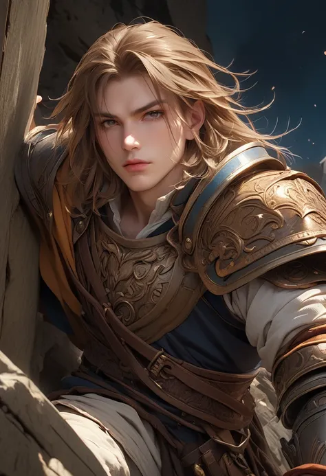 zidane from final fantasy 9,1 man,highly detailed face,beautiful detailed eyes,beautiful detailed lips,extremely detailed eyes and face,long eyelashes,muscular man,intricate armor,medieval fantasy,fantasy art,digital painting,cinematic lighting,dramatic li...