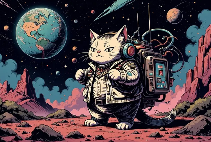 (Cats listening to music),(spaceship)(headphone accessory) ( The fund is a nightclub from the 80s in space ),(dynamic), (dust:2.0),(CALM MOOD:2.0),( detailed color),( more details:2.0), planets, Noise old image, (Brilliant disco globe)