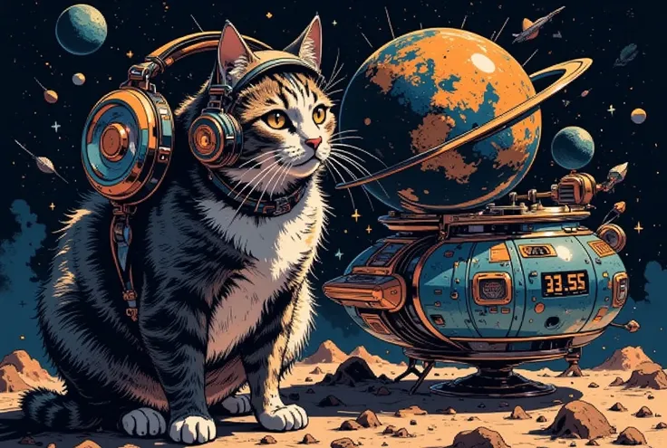 (Cats listening to music),(spaceship)(headphone accessory) ( The fund is a nightclub from the 80s in space ),(dynamic), (dust:2.0),(CALM MOOD:2.0),( detailed color),( more details:2.0), planets, Noise old image, (Brilliant disco globe)