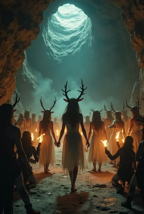 A strange cult gathering inside a dark cave catacombs illuminated by torches where the attendees are all sort of orcs, goblins and fawn, together with humans, and in the center of all, a stage with several girls in trance dancing extactically in torn down ...